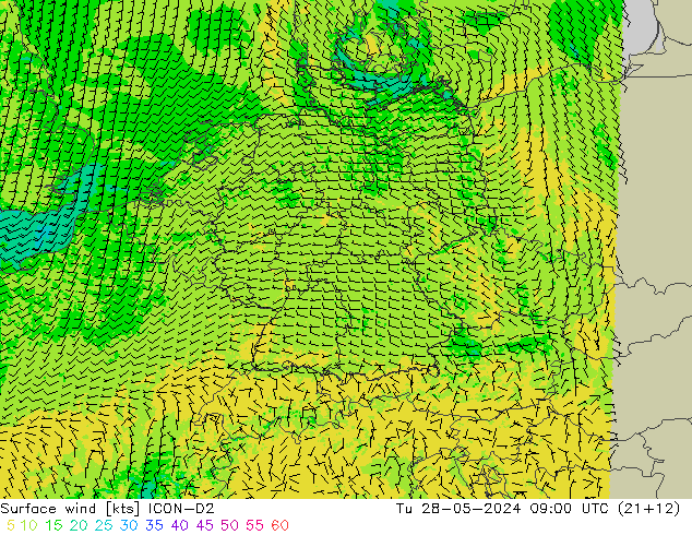 Surface wind ICON-D2 Út 28.05.2024 09 UTC