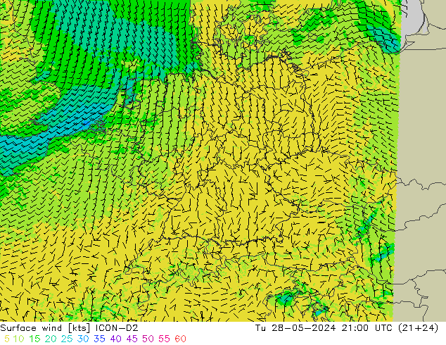 Viento 10 m ICON-D2 mar 28.05.2024 21 UTC