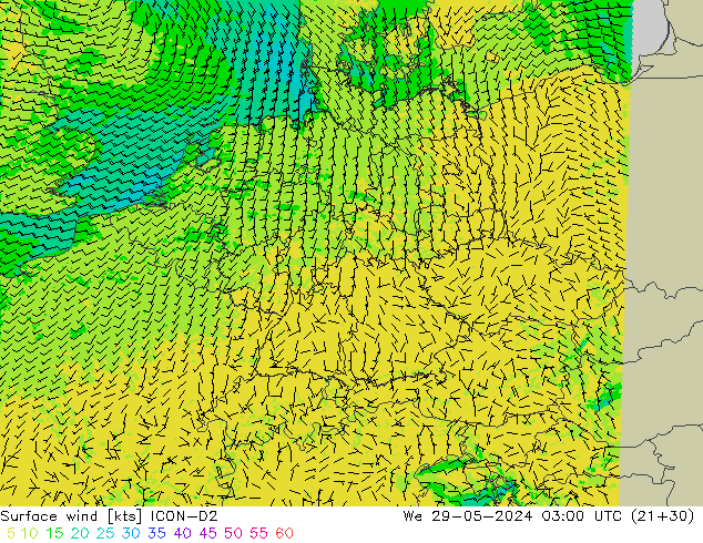 Surface wind ICON-D2 We 29.05.2024 03 UTC