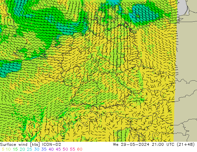 Surface wind ICON-D2 St 29.05.2024 21 UTC