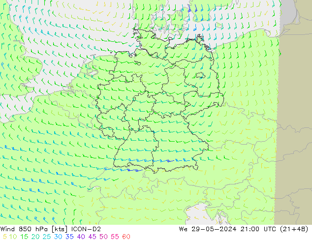 Vento 850 hPa ICON-D2 Qua 29.05.2024 21 UTC