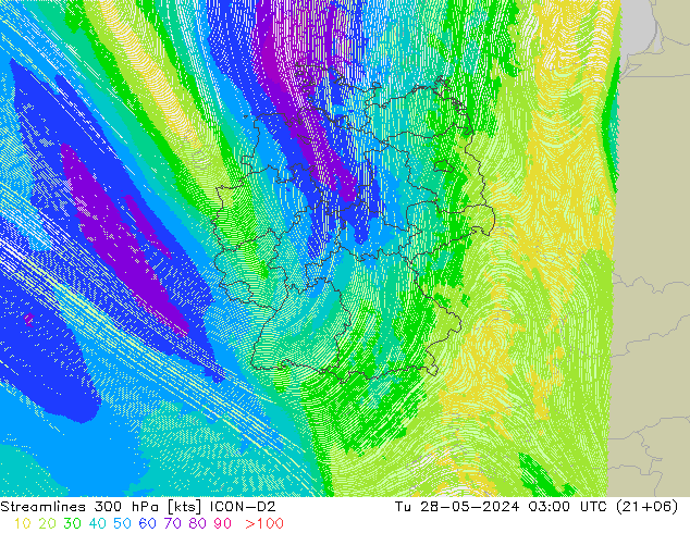 Streamlines 300 hPa ICON-D2 Tu 28.05.2024 03 UTC