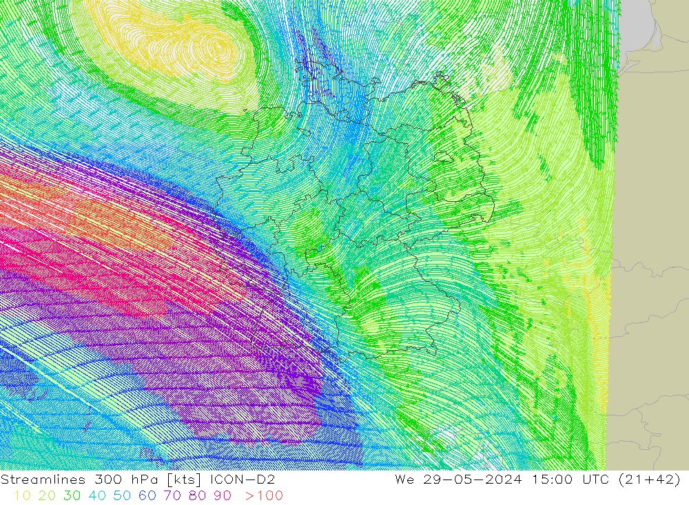 Streamlines 300 hPa ICON-D2 We 29.05.2024 15 UTC