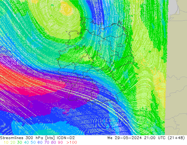 Línea de corriente 300 hPa ICON-D2 mié 29.05.2024 21 UTC