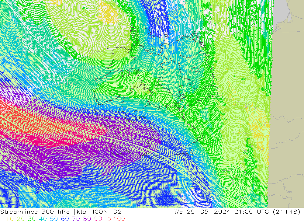 Rüzgar 300 hPa ICON-D2 Çar 29.05.2024 21 UTC