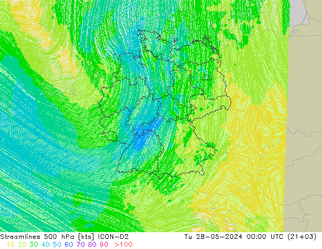 Stromlinien 500 hPa ICON-D2 Di 28.05.2024 00 UTC