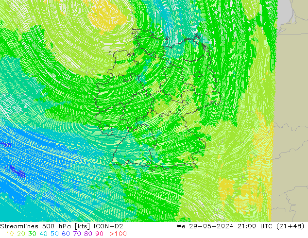 Ligne de courant 500 hPa ICON-D2 mer 29.05.2024 21 UTC