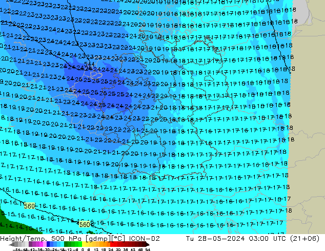 Hoogte/Temp. 500 hPa ICON-D2 di 28.05.2024 03 UTC