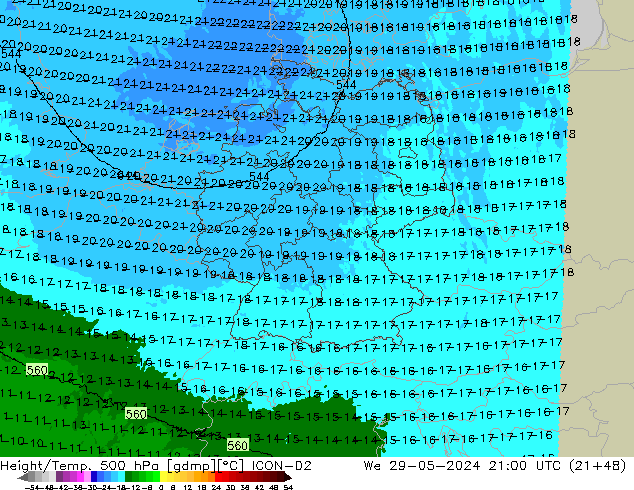 Yükseklik/Sıc. 500 hPa ICON-D2 Çar 29.05.2024 21 UTC