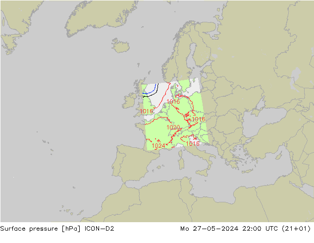 Presión superficial ICON-D2 lun 27.05.2024 22 UTC