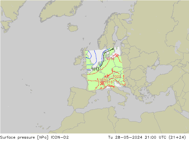 Surface pressure ICON-D2 Tu 28.05.2024 21 UTC