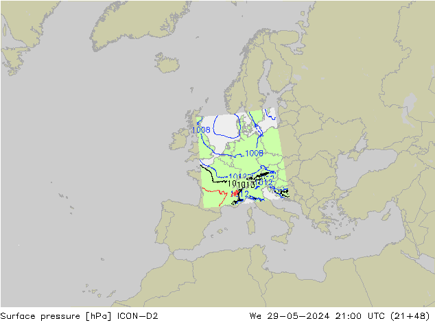 Luchtdruk (Grond) ICON-D2 wo 29.05.2024 21 UTC