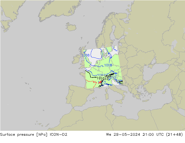 Surface pressure ICON-D2 We 29.05.2024 21 UTC