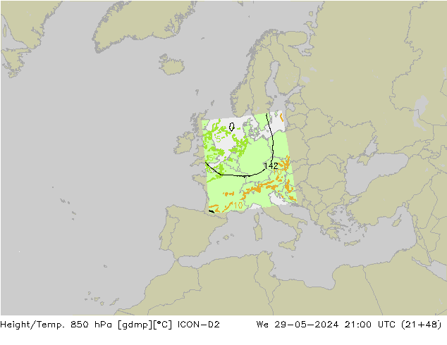 Height/Temp. 850 hPa ICON-D2 śro. 29.05.2024 21 UTC