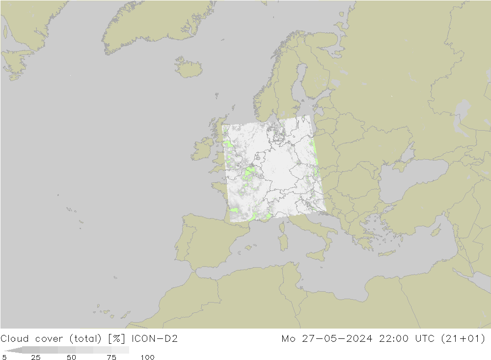 Cloud cover (total) ICON-D2 Mo 27.05.2024 22 UTC