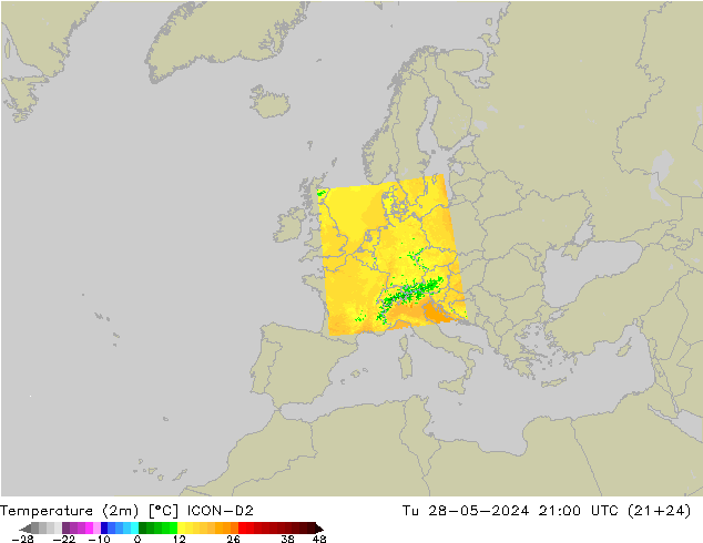 Sıcaklık Haritası (2m) ICON-D2 Sa 28.05.2024 21 UTC