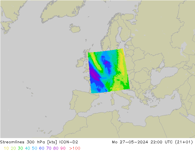 Streamlines 300 hPa ICON-D2 Po 27.05.2024 22 UTC