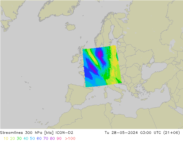 ветер 300 гПа ICON-D2 вт 28.05.2024 03 UTC