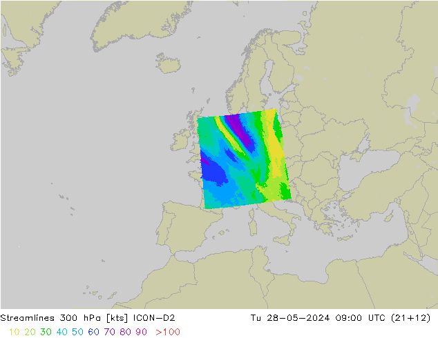 Ligne de courant 300 hPa ICON-D2 mar 28.05.2024 09 UTC