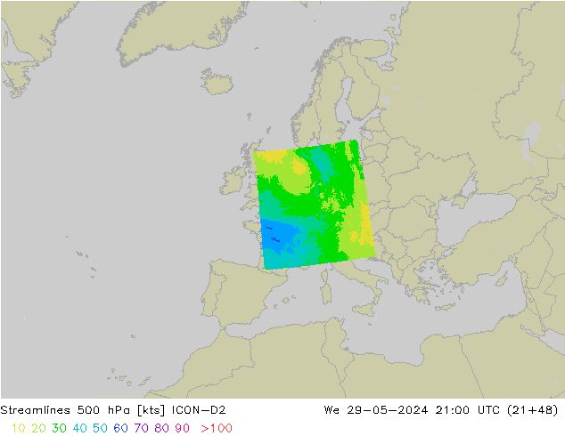 Linha de corrente 500 hPa ICON-D2 Qua 29.05.2024 21 UTC