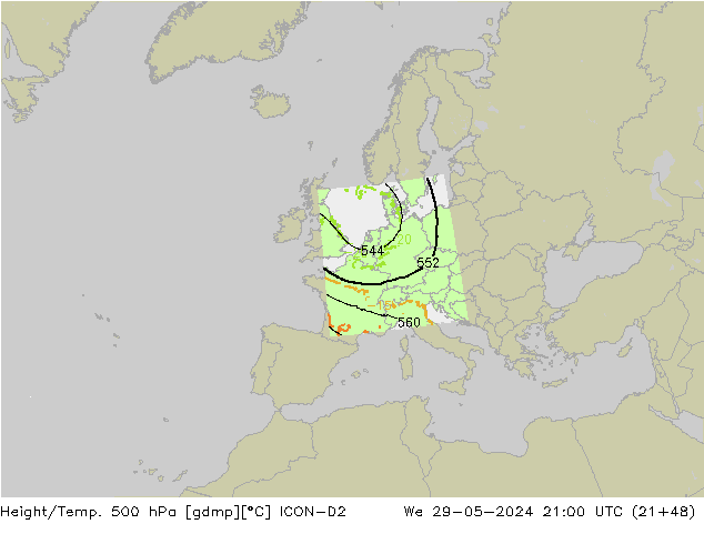 Height/Temp. 500 hPa ICON-D2 We 29.05.2024 21 UTC