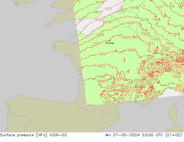 Presión superficial ICON-D2 lun 27.05.2024 23 UTC