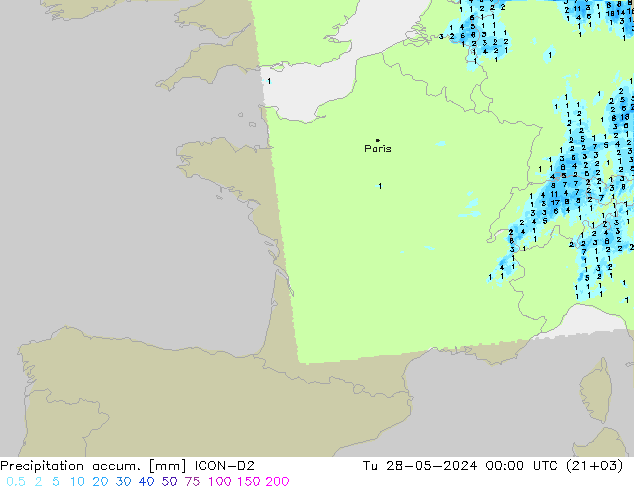 Totale neerslag ICON-D2 di 28.05.2024 00 UTC