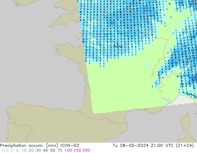 Totale neerslag ICON-D2 di 28.05.2024 21 UTC