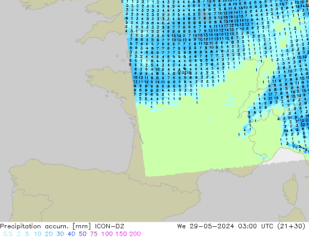 Totale neerslag ICON-D2 wo 29.05.2024 03 UTC