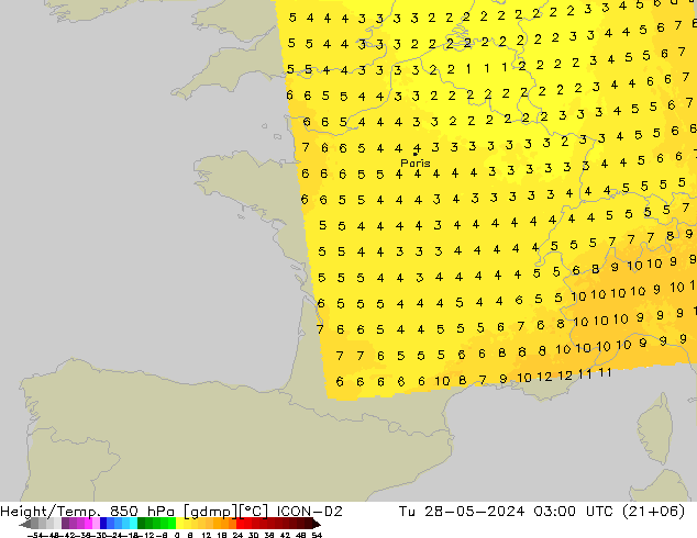 Hoogte/Temp. 850 hPa ICON-D2 di 28.05.2024 03 UTC