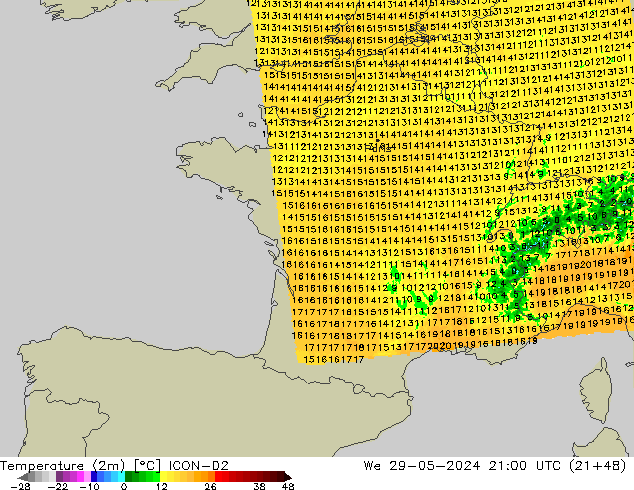 Temperatuurkaart (2m) ICON-D2 wo 29.05.2024 21 UTC