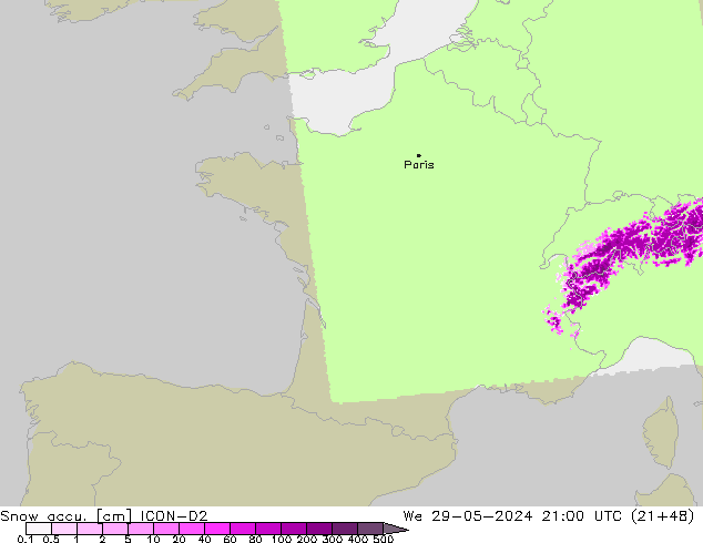 Snow accu. ICON-D2 Qua 29.05.2024 21 UTC