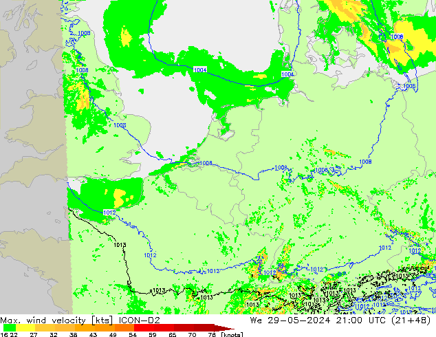 Max. wind velocity ICON-D2 We 29.05.2024 21 UTC