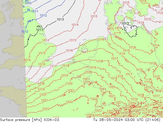 Atmosférický tlak ICON-D2 Út 28.05.2024 03 UTC