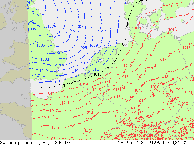 Surface pressure ICON-D2 Tu 28.05.2024 21 UTC