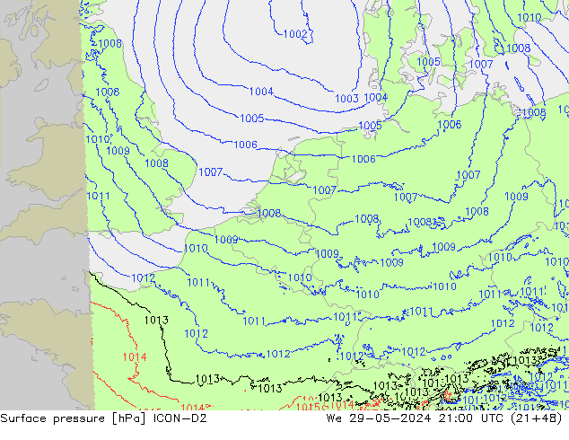 Pressione al suolo ICON-D2 mer 29.05.2024 21 UTC