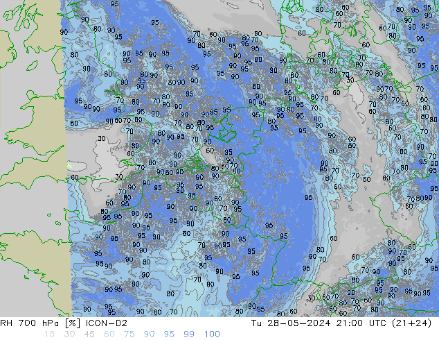 RH 700 hPa ICON-D2 Ter 28.05.2024 21 UTC