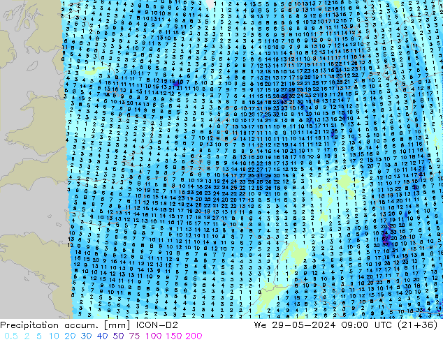 Précipitation accum. ICON-D2 mer 29.05.2024 09 UTC