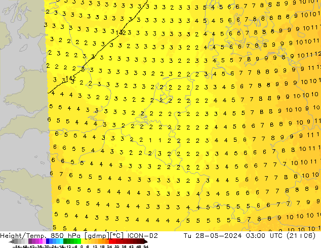 Height/Temp. 850 hPa ICON-D2 Di 28.05.2024 03 UTC