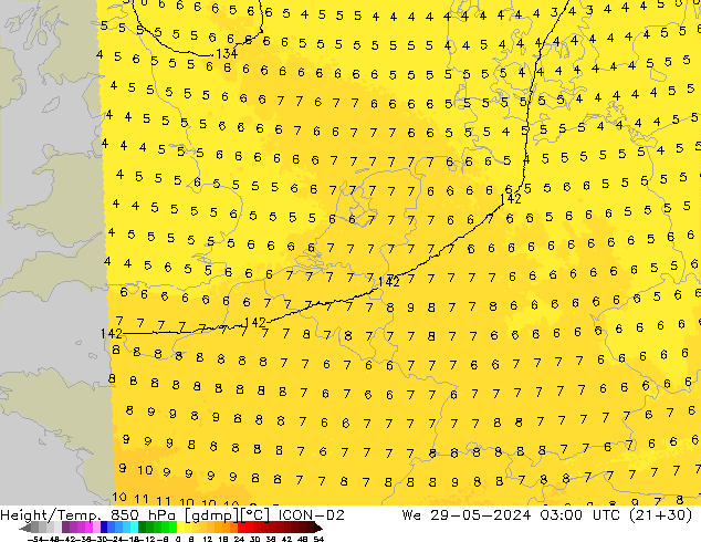 Height/Temp. 850 hPa ICON-D2  29.05.2024 03 UTC