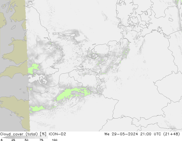 nuvens (total) ICON-D2 Qua 29.05.2024 21 UTC