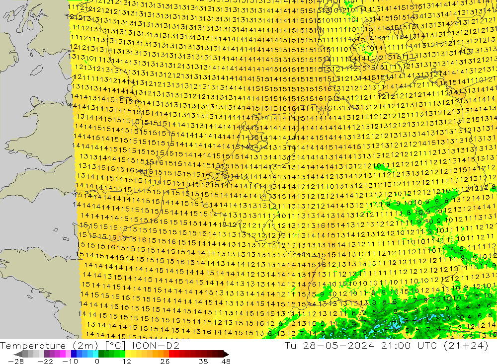 Temperaturkarte (2m) ICON-D2 Di 28.05.2024 21 UTC