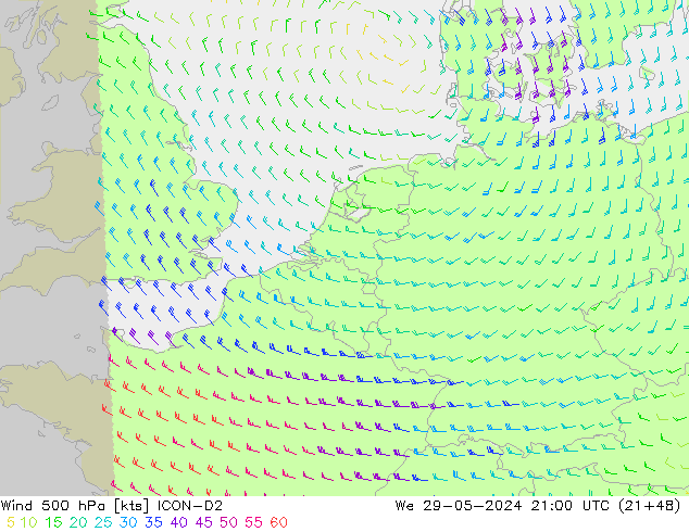 Wind 500 hPa ICON-D2 Mi 29.05.2024 21 UTC