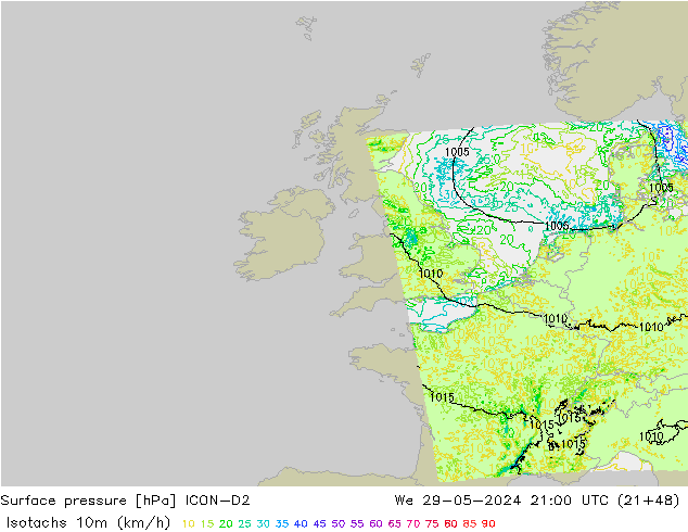 Isotachs (kph) ICON-D2 Qua 29.05.2024 21 UTC