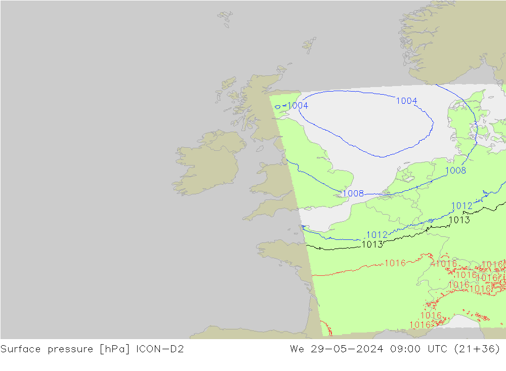 Pressione al suolo ICON-D2 mer 29.05.2024 09 UTC