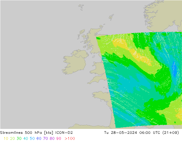 Streamlines 500 hPa ICON-D2 Tu 28.05.2024 06 UTC