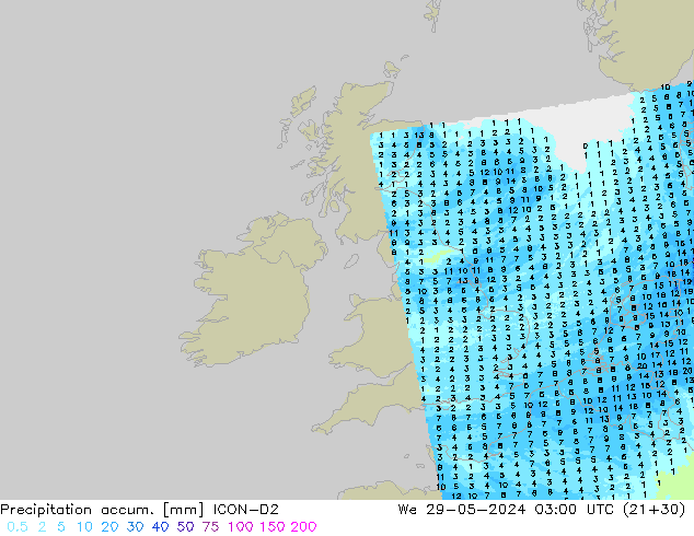 Precipitación acum. ICON-D2 mié 29.05.2024 03 UTC