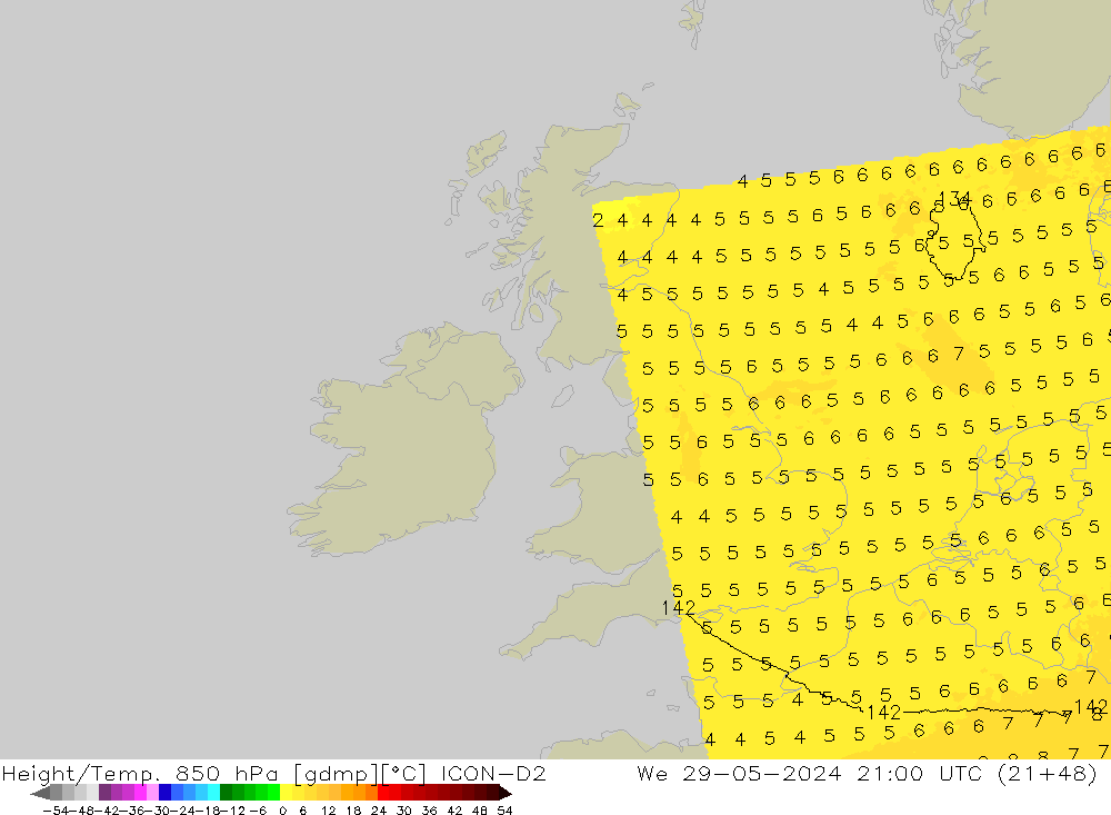 Height/Temp. 850 гПа ICON-D2 ср 29.05.2024 21 UTC