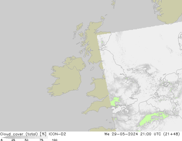 Cloud cover (total) ICON-D2 We 29.05.2024 21 UTC