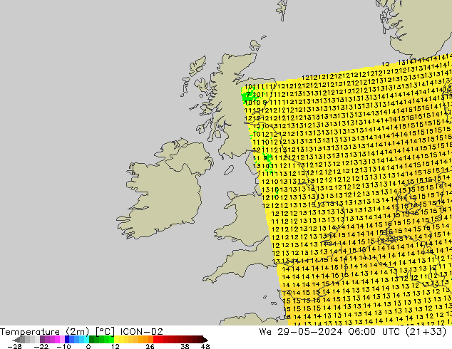 Temperaturkarte (2m) ICON-D2 Mi 29.05.2024 06 UTC